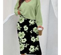 Damen Große Größen Set aus Floral bedrucktem Kurzarm V-Ausschnitt Sweatshirt und Kleid, Lässig für Herbst/Winter