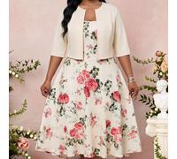 Damen Große Größen Set aus offenem Jackett Einfarbig und Kleid mit Blume Muster, elegantes 2 Stücke Set