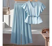 Damen Große Größen Set aus V-Ausschnitt Bluse mit Gürtel und Rüschenärmeln sowie weite Bundfaltenhose, lässiger Pendler-Outfit
