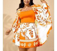 Damen Große Größen Sommer Chinoiserie Bunter Blume Muster Langarm Cardigan kombiniert mit gestricktem blauem Bandeau-Top und elastischer Taille weite
