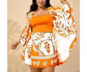 Damen Große Größen Sommer Chinoiserie Bunter Blume Muster Langarm Cardigan kombiniert mit gestricktem blauem Bandeau-Top und elastischer Taille weite