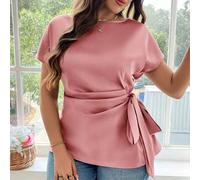 Damen Große Größen Sommer einfarbiges Crew Neck Fledermaus Kurzarm Vorderseite Schleife Ausgeh-Top, Business Lässig Damen Valentinstag