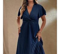 Damen Große Größen Sommer elegantes V-Ausschnitt Kurzarm Empire-Taille plissiertes Swing-Kleid Marineblau Herbst Lässig Geburtstag Formelles Outfit