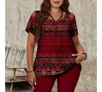 Damen große Größen Sommer Lässig Retro Muster T-Shirt und Caprileggings Slim Fit Set mit 2 Teilen