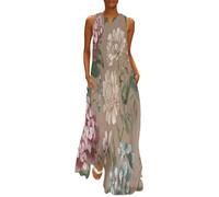 Damen Große Größen Sommerkleid, Ärmelloses Maxikleid mit Retro-Blumenmuster Print, Leicht und Luftig, Hortensie Pfingstrose Lockeres Strandkleid mit Taschen, Freizeitkleid für Urlaub und Sommer XL