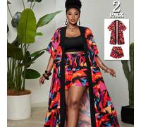 Damen Große Größen Urlaubs Bunter Abstrakter Kontrast Farbdruck Kurzarm Strickjacke mit Elastischer Taille Hose, Taschen und Seitenschlitz Design, Som