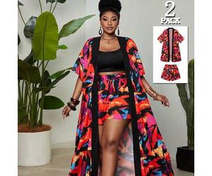 Damen Große Größen Urlaubs Bunter Abstrakter Kontrast Farbdruck Kurzarm Strickjacke mit Elastischer Taille Hose, Taschen und Seitenschlitz Design, Som