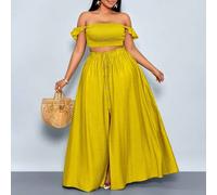 Damen Große Größen Urlaubs Romantisch Elegant Leinen-Optik Off-Shoulder Oberteil mit kurzen Ärmeln und A-Linien Maxirock mit Schlitz vorne, Damen Zwei