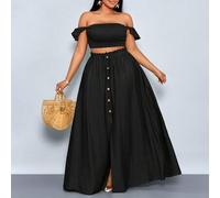 Damen Große Größen Urlaubs Romantisch Elegant Leinen-Optik Off-Shoulder Oberteil mit kurzen Ärmeln und A-Linien Maxirock mit Schlitz vorne, Damen Zwei