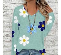 Damen Große Größen V-Ausschnitt Langarm Loose T-Shirt mit strukturiertem Blume Muster, geeignet für Herbst/Winter