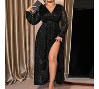 Damen Große Größen V-Ausschnitt Langarm transparentes Mode Schlitz Glitzer elegantes Kleid