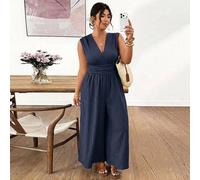 Damen Große Größen V-Ausschnitt Taille Raffung langärmeliger grüner ärmelloser Jumpsuit Kleid, vielseitig tragbar für den Alltag, strukturierter Stoff