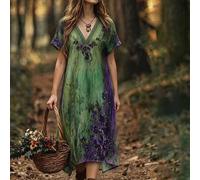 Damen Große Größen Vintage Batik Grün & Lila Kleinkariertes Blumenkleid, V-Ausschnitt bestickter Muster, lockerer Schnitt mittellanges lässiges Sommer