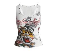 Damen Große Größen Vintage Hot Girl Unisex Streetwear Vielseitiges Tiger-Muster Pentagramm Nieten-Tanktop
