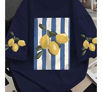 Damen Große Größen Vintage Street Style Zitronen Streifen Muster Basic T-Shirt, lockerer Hip-Hop Stil Damen Große Größen Top, gewaschenes Rundhals Kur