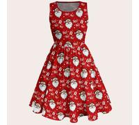 Damen Große Größen Weihnachtgeschenk "Ho Ho Ho" Muster ärmelloses A-Linien Kleid, süßes Cartoon Weihnachtsmann & Polka Dot festliches lässiges ausgest