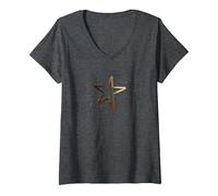 Damen Großer Goldener Stern mit kleinen Sternen. T-Shirt mit V-Ausschnitt, Anthrazit Meliert, M