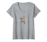 Damen Großer Goldener Stern mit kleinen Sternen. T-Shirt mit V-Ausschnitt, Grau Meliert, XL