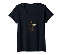 Damen Großer Goldener Stern mit kleinen Sternen. T-Shirt mit V-Ausschnitt, Schwarz, L