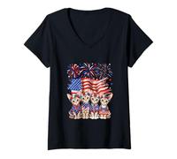 Damen Group Cornish Rex Cats Floral 4th of Juli US Flag Fireworks T-Shirt mit V-Ausschnitt