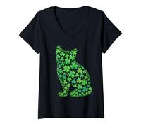 Damen Grüne Katze Kleeblatt Kätzchen St. Patricks Day Männer Frauen Kinder T-Shirt mit V-Ausschnitt