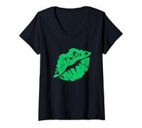Damen Grünes Kleeblatt Lippen Kuss St Patricks Day Irische Frauen sexy T-Shirt mit V-Ausschnitt, Schwarz, L