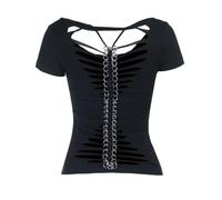 Damen Grunge Goth Kurzarm Trendy Y2k Crop Top Sommer Slim Fit Ästhetische T-Shirts, Schwarz, Groß