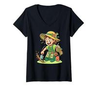 Damen Häkel- und Gartenarbeit Niedlicher Gärtner-Strohhut Dame T-Shirt mit V-Ausschnitt