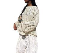 Damen Häkeln Strick Oversized Pullover Pullover Langarm Hollow Out Crop Top Y2k Shirt Punk Goth Fischnetz Top Streetwear, cremeweiß, S