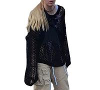 Damen Häkeln Strick Oversized Pullover Pullover Langarm Hollow Out Crop Top Y2k Shirt Punk Goth Fischnetz Top Streetwear, Schwarz , XL