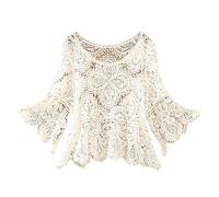 Damen Häkeloberteil mit Trompetenärmeln Langarm Spitzenbluse im Boho Stil | Vintage Tunika Oberteil für Sommer und Strand | Lässiges Häkeltop Shirt mit weitem Ausschnitt