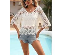 Damen Häkelstrickpullover, halbdurchsichtig, kurzärmelig, Rundhalsausschnitt, Boho-Oberteil, Aprikose, leicht, modisch