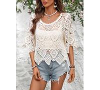 Damen Häkelstrickpullover, halbdurchsichtig, kurzärmelig, Rundhalsausschnitt, Boho-Oberteil, Aprikose, leicht, modisch