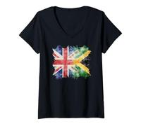 Damen Halb britische und jamaikanische Flagge von UK Jamaica Roots Union Jack T-Shirt mit V-Ausschnitt