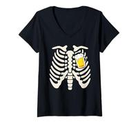 Damen Halloween Beer Pong Geschenk Tee Skelett Lustiges Tee T-Shirt mit V-Ausschnitt