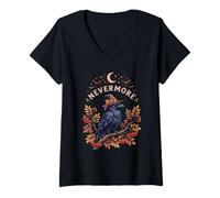 Damen Halloween Rabe Shirt Hexenhut Krähe Rowan Berry Moon Fledermäuse T-Shirt mit V-Ausschnitt