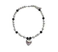 Damen-Halskette, eleganter Herz-Anhänger, Halskette, einzigartig, schwarz-weiße Perlen, Choker, zierliche Schlüsselbeinkette, Schmuck, Geschenke, Kupfer + Imitationsperle + Edelstahl, Zirkonia