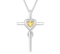 Damen Halskette mit Unendlichkeit Symbol Kreuz Anhänger Kette Infinity aus 925 Sterling Silber mit Synthetischer Citrin Edelstein Herz Form Juli Geburtsstein - Verstellbar Kettenlänge: 40 + 5 cm