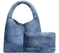 Damen-Handtasche aus veganem Leder, handgewebt, modische Schultertasche, Top-Griff, Unterarmtasche mit Geldbörse, Denim Blau