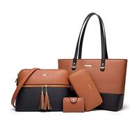 Damen-Handtaschen-Set, Kunstleder, Tragetasche, Schultertasche, Tragetasche, Tragegriff, Geldbörse, Geldbörse, 4-teilig, A-Schwarz und Braun, Large