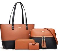 Damen-Handtaschen-Set, Kunstleder, Tragetasche, Schultertasche, Tragetasche, Tragegriff, Geldbörse, Geldbörse, 4-teilig, A-Schwarz und Braun, Large