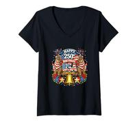 Damen Happy 250th Birthday USA 4th July US Flag Walruses Floral T-Shirt mit V-Ausschnitt