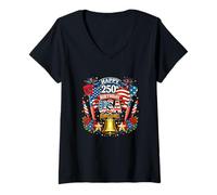 Damen Happy 250th Birthday USA Floral 4th July US Flag Lunch Lady T-Shirt mit V-Ausschnitt