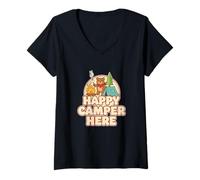 Damen Happy Camping Bear Camper Zelt Marshmallow Lustig Retro T-Shirt mit V-Ausschnitt