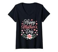 Damen Happy Mother's Day Floral Herzen Blütenkranz Muttertag T-Shirt mit V-Ausschnitt