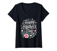 Damen Happy Mother's Day Floral Script Pink Blossom Muttertag T-Shirt mit V-Ausschnitt
