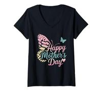 Damen Happy Mother's Day Pastell Schmetterling Flügel Muttertag T-Shirt mit V-Ausschnitt