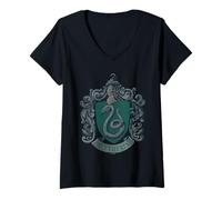 Damen Harry Potter Distressed Slytherin Crest T-Shirt mit V-Ausschnitt