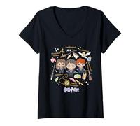 Damen Harry Potter x Gokko Harry, Hermione and Ron with Icons T-Shirt mit V-Ausschnitt