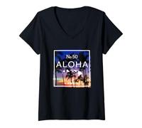 Damen Hawaiian Island Sunset - Aloha Nr. 50 Palm Tree Paradise T-Shirt mit V-Ausschnitt